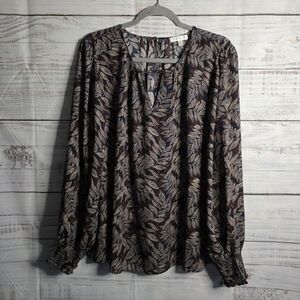 NWT Nine Britton Leaf Print Blouse in Blue and Brown Women Size XL